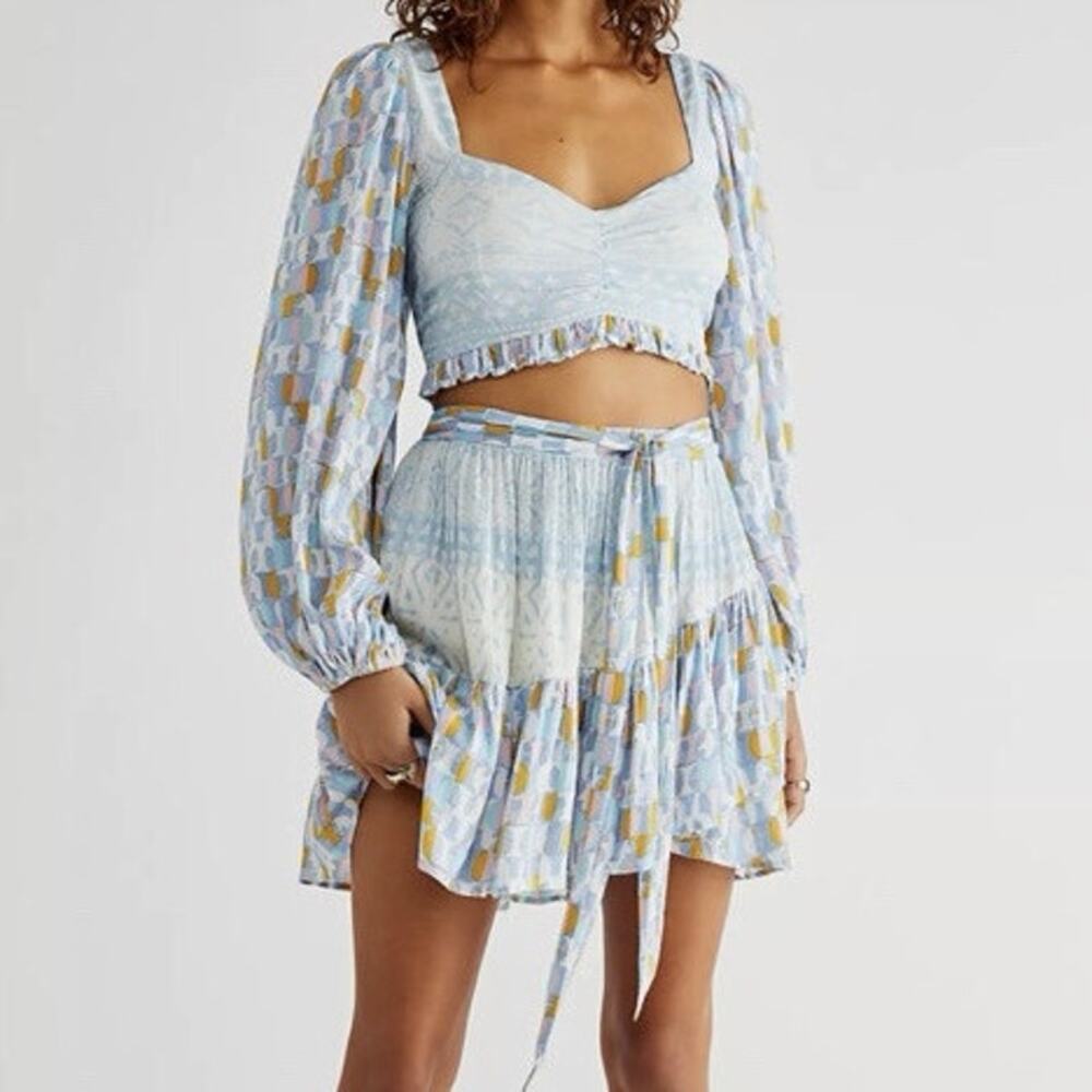Free People Light Blue & Mustard Floral Tiered Mini Skirt Set